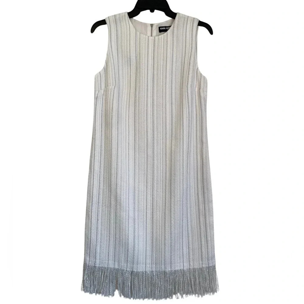 Karl Lagerfeld White Silver Tweed Fringe Hem Sleeveless Metallic Dress